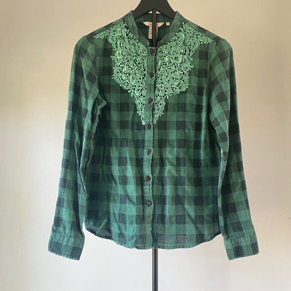 Sundance Button Down‎ Shirt Womens Small Green Plaid Lace Bib Flannel Blouse Top